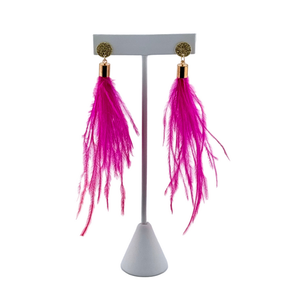 "I AM BOLD" Ostrich Feather Earrings Hot Pink1