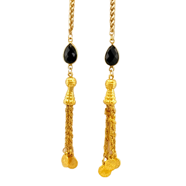 "I AM PROTECTED" Black Onyx Tassels Gold Facechain