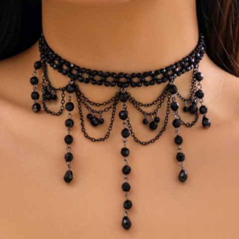 "I AM VIBRANT" Beaded Victorian Necklace Black