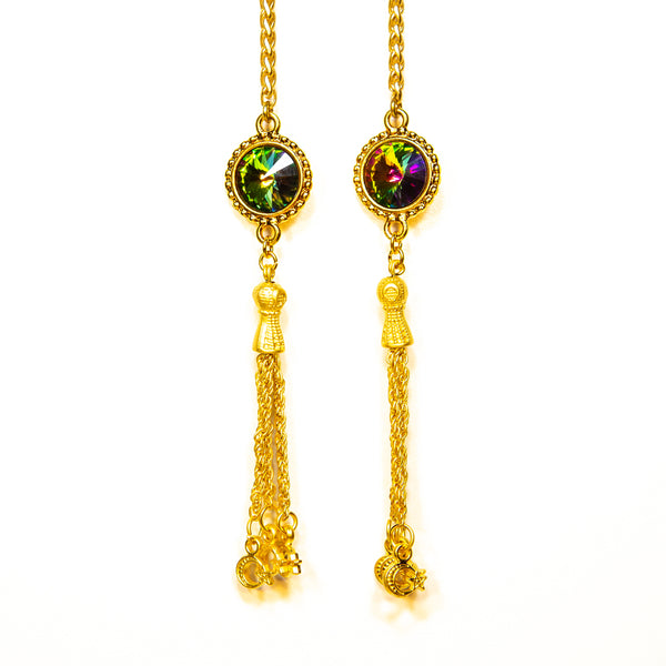 be EXTRAORDINARY Multi Green Crystals & Tassels in Matte Gold Facechain