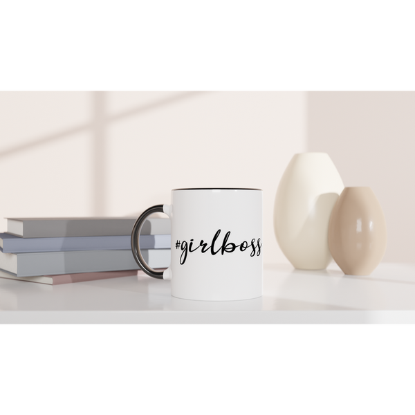 White 11oz Ceramic Mug with Color Inside - #girlbos